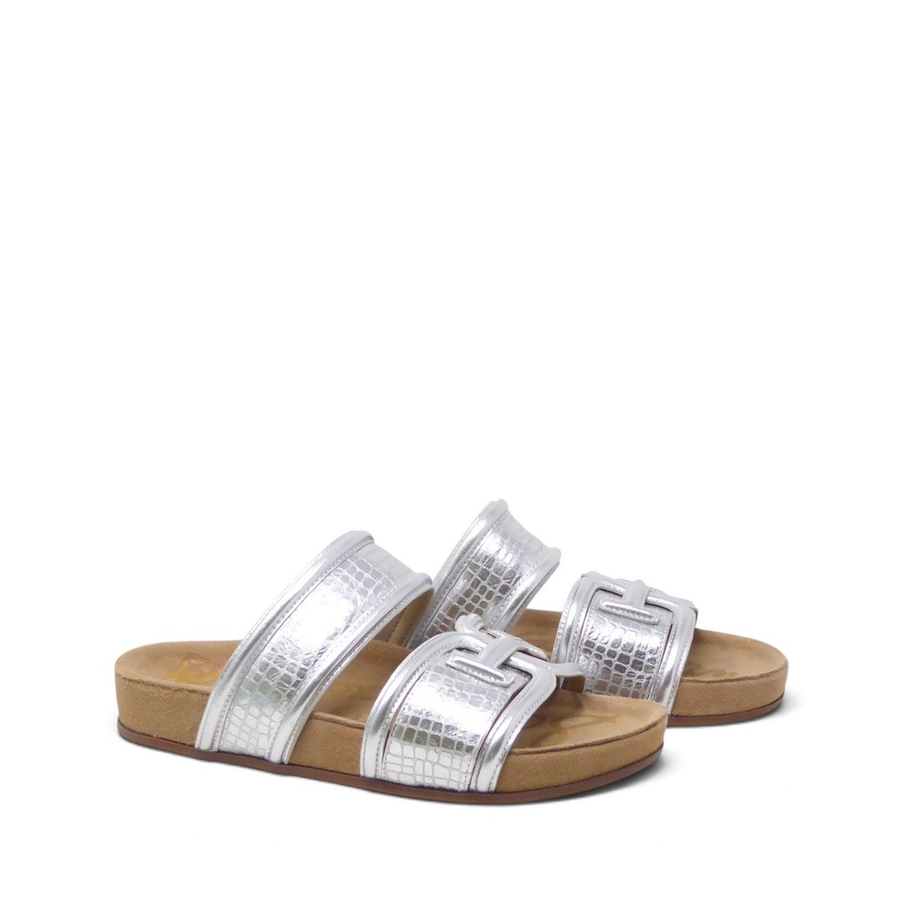 NEW Sam Edelman Womens Rowan Sandals Silver Metallic Croc Embossed 10M